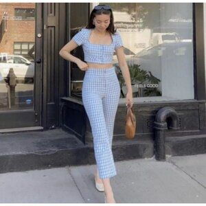 Zara Sky Blue Gingham Crop Top and Pants Set